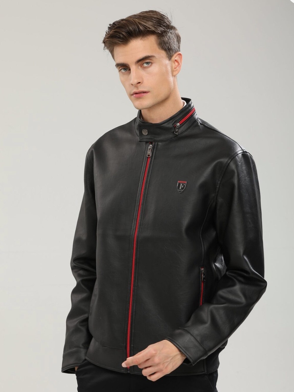 Men's Black Leather Bomber Jacket with Red Trim